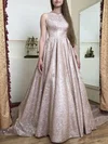 A-line Scoop Neck Glitter Sweep Train Prom Dresses #Favs020108302