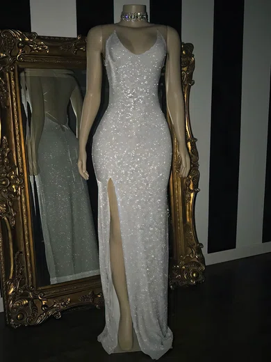 Sheath/Column V-neck Sequined Sweep Train Split Front Prom Dresses #Favs020108311