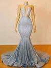 Trumpet/Mermaid Halter Sequined Sweep Train Appliques Lace Prom Dresses #Favs020108314
