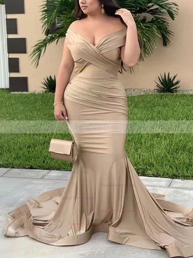 Trumpet/Mermaid Off-the-shoulder Silk-like Satin Sweep Train Ruffles Prom Dresses #Favs020108315