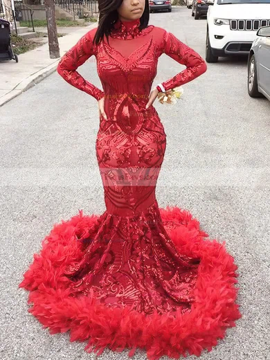 Trumpet/Mermaid High Neck Sequined Sweep Train Feathers / Fur Prom Dresses #Favs020108328
