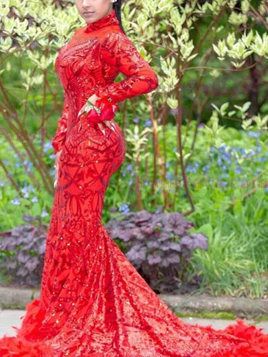 Trumpet/Mermaid High Neck Sequined Sweep Train Feathers / Fur Prom Dresses #Favs020108328