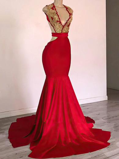 Trumpet/Mermaid V-neck Stretch Crepe Court Train Appliques Lace Prom Dresses #Favs020108336
