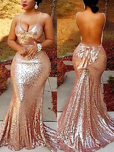 Trumpet/Mermaid V-neck Sequined Sweep Train Bow Prom Dresses #Favs020108230