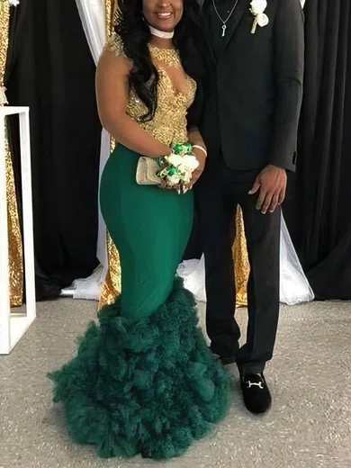 Trumpet/Mermaid Scoop Neck Jersey Sweep Train Beading Prom Dresses #Favs020108235