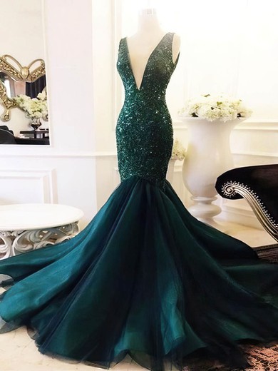 Trumpet/Mermaid V-neck Tulle Sequined Sweep Train Prom Dresses #Favs020108238