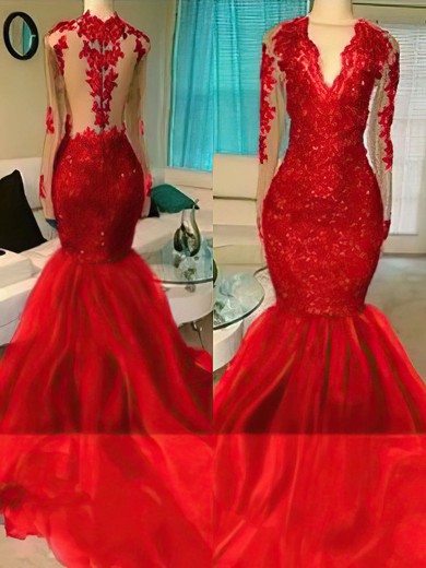 Trumpet/Mermaid Scoop Neck Lace Tulle Sweep Train Appliques Lace Prom Dresses #Favs020108242