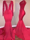Sheath/Column Scoop Neck Jersey Sweep Train Appliques Lace Prom Dresses #Favs020108273