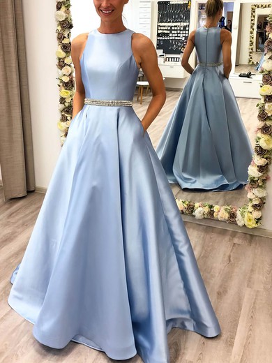 A-line Scoop Neck Satin Sweep Train Beading Prom Dresses #Favs020108277