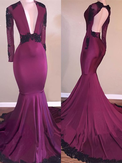 Trumpet/Mermaid V-neck Jersey Sweep Train Appliques Lace Prom Dresses #Favs020108279
