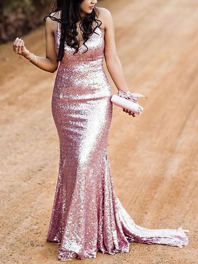 Trumpet/Mermaid V-neck Sequined Sweep Train Prom Dresses #Favs020108287