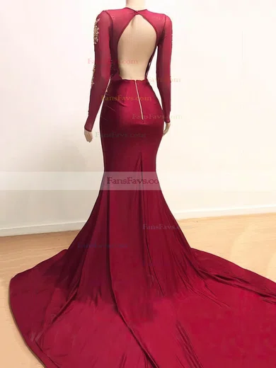 Trumpet/Mermaid V-neck Jersey Sweep Train Beading Prom Dresses #Favs020108309