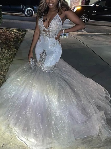 Trumpet/Mermaid V-neck Glitter Sweep Train Beading Prom Dresses #Favs020108313