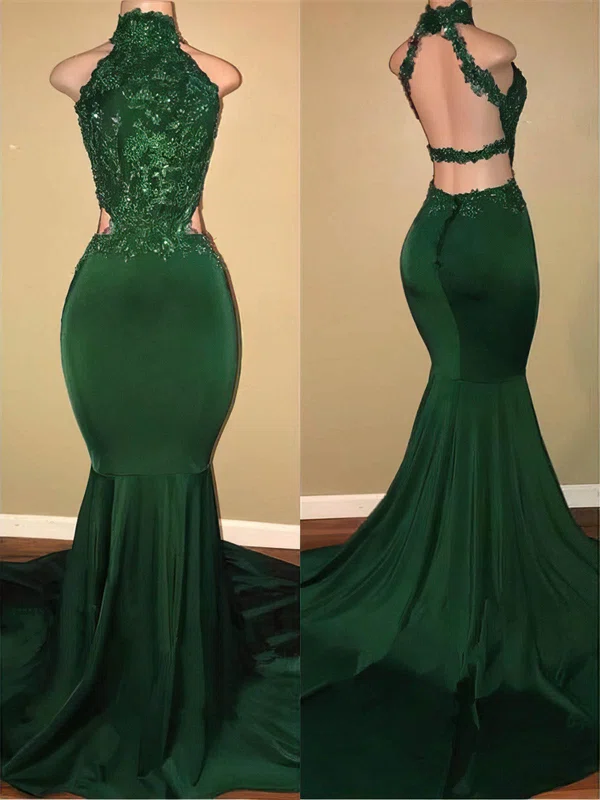 Trumpet/Mermaid High Neck Stretch Crepe Sweep Train Appliques Lace Prom Dresses #Favs020108324