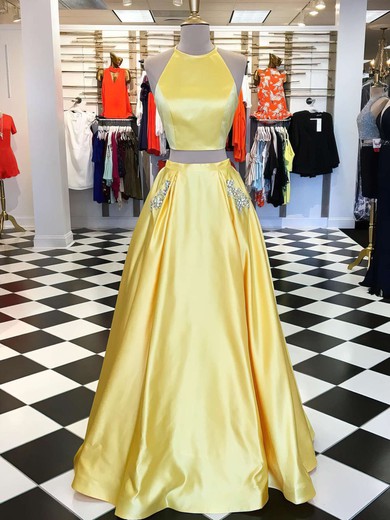 Princess Scoop Neck Satin Floor-length Beading Prom Dresses #Favs020105278