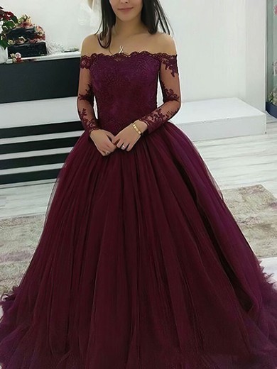 Ball Gown Off-the-shoulder Tulle Floor-length Appliques Lace Prom Dresses #Favs020108341