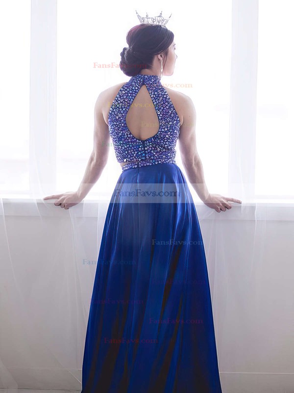 A-line High Neck Silk-like Satin Sweep Train Beading Prom Dresses #Favs020103602