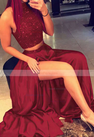 A-line High Neck Silk-like Satin Sweep Train Beading Prom Dresses #Favs020103602