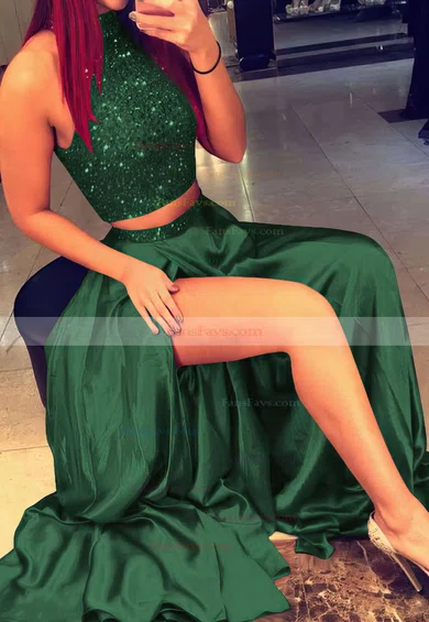 A-line High Neck Silk-like Satin Sweep Train Beading Prom Dresses #Favs020103602