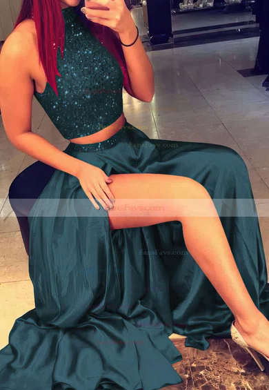 A-line High Neck Silk-like Satin Sweep Train Beading Prom Dresses #Favs020103602