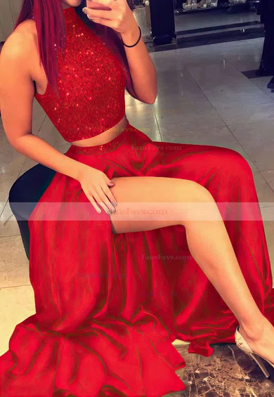 A-line High Neck Silk-like Satin Sweep Train Beading Prom Dresses #Favs020103602