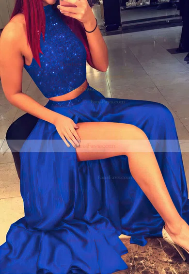 A-line High Neck Silk-like Satin Sweep Train Beading Prom Dresses #Favs020103602