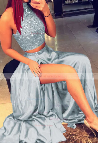 A-line High Neck Silk-like Satin Sweep Train Beading Prom Dresses #Favs020103602