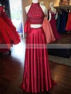 A-line High Neck Silk-like Satin Sweep Train Beading Prom Dresses #Favs020103602