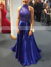 A-line High Neck Silk-like Satin Sweep Train Beading Prom Dresses #Favs020103602