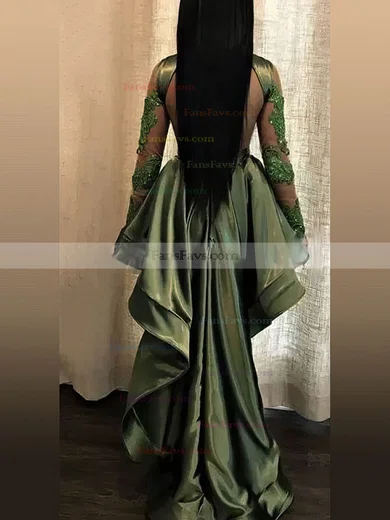 A-line High Neck Satin Asymmetrical Appliques Lace Prom Dresses #Favs020108347