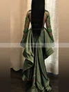 A-line High Neck Satin Asymmetrical Appliques Lace Prom Dresses #Favs020108347