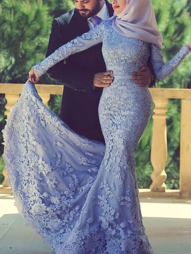 Trumpet/Mermaid Scoop Neck Lace Sweep Train Prom Dresses #Favs020108477