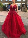 A-line V-neck Lace Tulle Sweep Train Beading Prom Dresses #Favs020108486