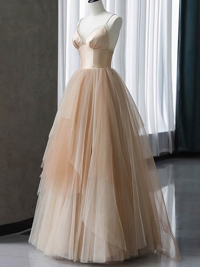 A-line V-neck Tulle Silk-like Satin Sweep Train Prom Dresses #Favs020108490