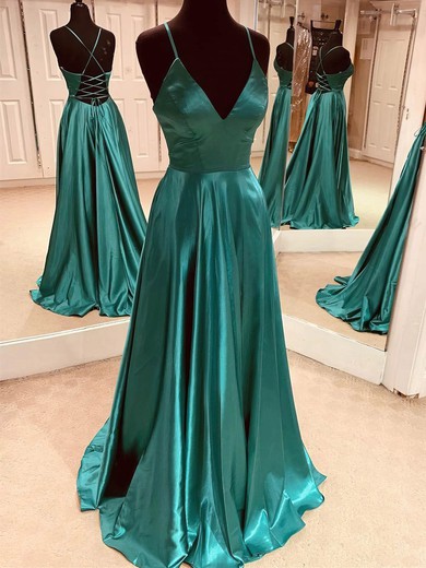 A-line V-neck Silk-like Satin Sweep Train Prom Dresses #Favs020108492