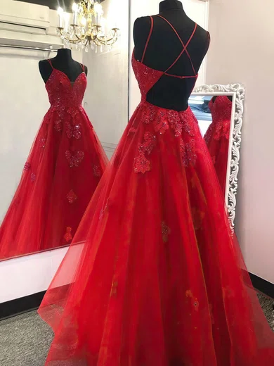 A-line V-neck Tulle Sweep Train Beading Prom Dresses #Favs020108494