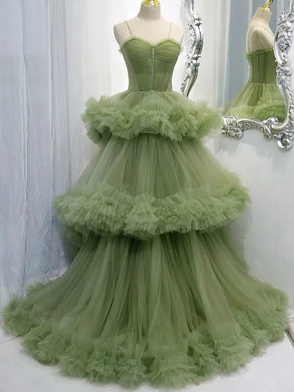 Ball Gown Sweetheart Tulle Sweep Train Tiered Prom Dresses #Favs020108496