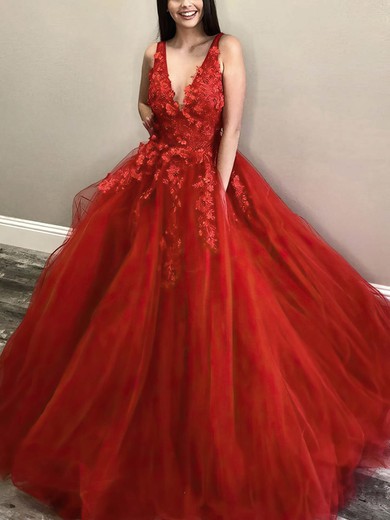 Ball Gown V-neck Lace Tulle Sweep Train Appliques Lace Prom Dresses #Favs020108500