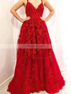 A-line V-neck Lace Tulle Sweep Train Appliques Lace Prom Dresses #Favs020108501