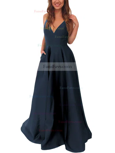A-line V-neck Satin Sweep Train Pockets Prom Dresses #Favs020105284