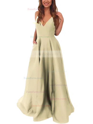 A-line V-neck Satin Sweep Train Pockets Prom Dresses #Favs020105284