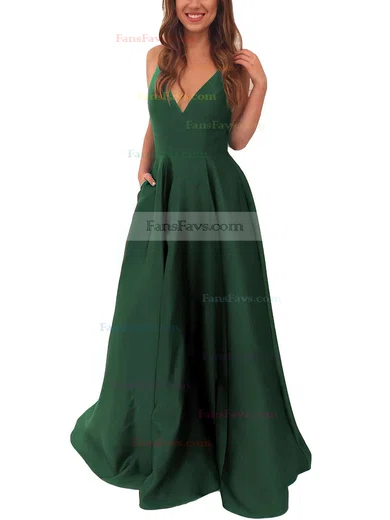 A-line V-neck Satin Sweep Train Pockets Prom Dresses #Favs020105284