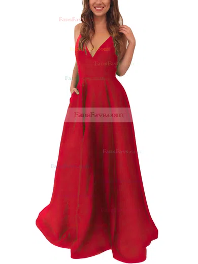 A-line V-neck Satin Sweep Train Pockets Prom Dresses #Favs020105284