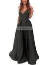 A-line V-neck Satin Sweep Train Pockets Prom Dresses #Favs020105284