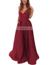 A-line V-neck Satin Sweep Train Pockets Prom Dresses #Favs020105284