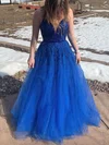 A-line V-neck Tulle Sweep Train Appliques Lace Prom Dresses #Favs020108505