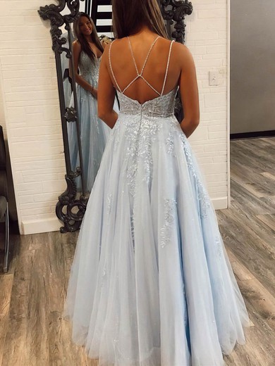 A-line V-neck Tulle Sweep Train Appliques Lace Prom Dresses #Favs020108506