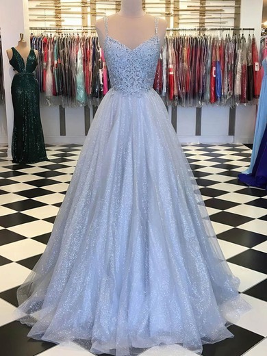 A-line V-neck Glitter Sweep Train Appliques Lace Prom Dresses #Favs020108507