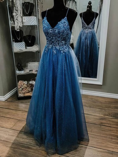 A-line V-neck Glitter Sweep Train Appliques Lace Prom Dresses #Favs020108508