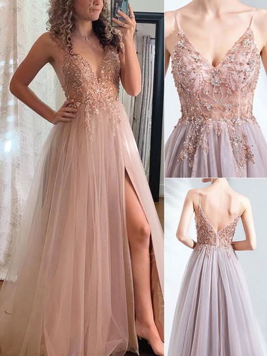 A-line V-neck Tulle Sweep Train Beading Prom Dresses #Favs020108511